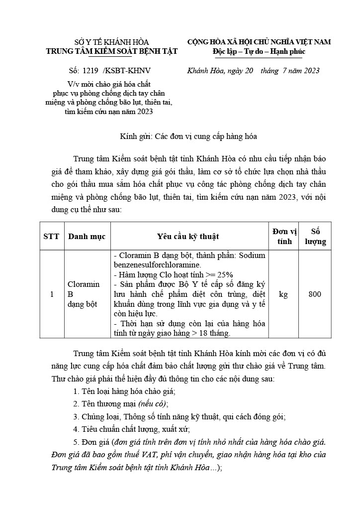 Mời chào giá hóa chất phục vụ phòng chống dịch tay chân miệng và phòng chống bão lụt, thiên tai, tìm kiếm cứu nạn năm 2023